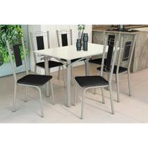 Conjunto: Mesa de Cozinha Elba Tampo Madeirado c/ Vidro 120cm e 6 Cadeiras Florença Niquel/Off White - Courano Preto - Kappesberg