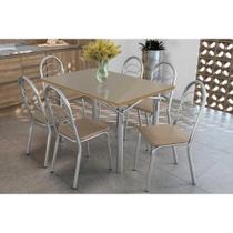 Conjunto: Mesa de Cozinha Elba Tampo Madeirado c/ Vidro 120cm e 6 Cadeiras Holanda Cromada/Freijo Bronze - Courano Bege - Kappesberg