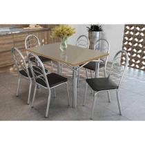 Conjunto: Mesa de Cozinha Elba Tampo Madeirado c/ Vidro 120cm e 6 Cadeiras Holanda Cromada/Freijo Bronze - Courano Preto - Kappesberg