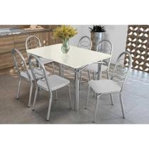 Conjunto: Mesa de Cozinha Elba Tampo Madeirado c/ Vidro 120cm e 6 Cadeiras Holanda Cromada/Off White - Courano Branco - Kappesberg