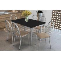 Conjunto: Mesa de Cozinha Elba Tampo Madeirado c/ Vidro 120cm e 6 Cadeiras Holanda Cromada/Preto - Courano Bege - Kappesberg