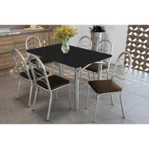 Conjunto: Mesa de Cozinha Elba Tampo Madeirado c/ Vidro 120cm e 6 Cadeiras Holanda Cromada/Preto - Courano Marrom - Kappesberg