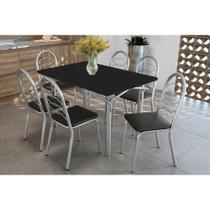 Conjunto: Mesa de Cozinha Elba Tampo Madeirado c/ Vidro 120cm e 6 Cadeiras Holanda Cromada/Preto - Courano Preto - Kappesberg