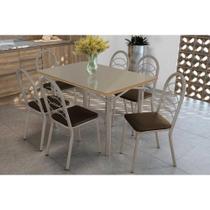 Conjunto: Mesa de Cozinha Elba Tampo Madeirado c/ Vidro 120cm e 6 Cadeiras Holanda Niquel/Freijo Bronze - Courano Marrom - Kappesberg Conjunto: Mesa de Cozinha Elba Tampo Madeirado c/ Vidro 120cm e 6 Cadeiras Holanda Niquel/Freijo Bronze - Courano Marrom - Kappesberg