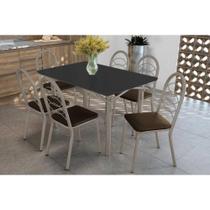 Conjunto: Mesa de Cozinha Elba Tampo Madeirado c/ Vidro 120cm e 6 Cadeiras Holanda Niquel/Preto - Courano Marrom - Kappesberg