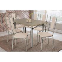 Conjunto: Mesa de Cozinha Elba Tampo Madeirado c/ Vidro 120cm e 6 Cadeiras Lisboa Niquel/Freijo Bronze - Courano Bege - Kappesberg Conjunto: Mesa de Cozinha Elba Tampo Madeirado c/ Vidro 120cm e 6 Cadeiras Lisboa Niquel/Freijo Bronze - Courano Bege - Kappesberg