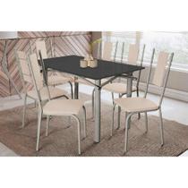 Conjunto: Mesa de Cozinha Elba Tampo Madeirado c/ Vidro 120cm e 6 Cadeiras Lisboa Niquel/Preto - Courano Bege - Kappesberg Conjunto: Mesa de Cozinha Elba Tampo Madeirado c/ Vidro 120cm e 6 Cadeiras Lisboa Niquel/Preto - Courano Bege - Kappesberg
