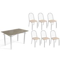 Conjunto: Mesa de Cozinha Elba Tampo Madeirado c/ Vidro 120cm e 6 Cadeiras Noruega Cromada/Freijo Bronze - Courano Bege - Kappesberg