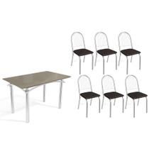Conjunto: Mesa de Cozinha Elba Tampo Madeirado c/ Vidro 120cm e 6 Cadeiras Noruega Cromada/Freijo Bronze - Courano Preto - Kappesberg