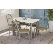 Conjunto: Mesa de Cozinha Elba Tampo Madeirado c/ Vidro 120cm e 6 Cadeiras Noruega Niquel/Off White - Courano Capuccino - Kappesberg Conjunto: Mesa de Cozinha Elba Tampo Madeirado c/ Vidro 120cm e 6 Cadeiras Noruega Niquel/Off White - Courano Capuccino - Kappesberg