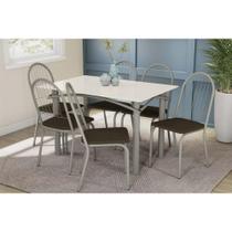 Conjunto: Mesa de Cozinha Elba Tampo Madeirado c/ Vidro 120cm e 6 Cadeiras Noruega Niquel/Off White - Courano Marrom - Kappesberg