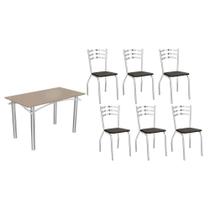 Conjunto: Mesa de Cozinha Elba Tampo Madeirado c/ Vidro 120cm e 6 Cadeiras Portugal Cromada/Freijo Bronze - Courano Preto - Kappesberg