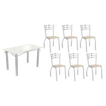Conjunto: Mesa de Cozinha Elba Tampo Madeirado c/ Vidro 120cm e 6 Cadeiras Portugal Cromada/Off White - Courano Bege - Kappesberg