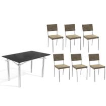 Conjunto: Mesa de Cozinha Elba Tampo Madeirado c/ Vidro 120cm e 6 Cadeiras Zaria Cromada/Preto - Suede Bege - Kappesberg