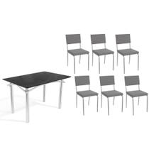 Conjunto: Mesa de Cozinha Elba Tampo Madeirado c/ Vidro 120cm e 6 Cadeiras Zaria Cromada/Preto - Suede Cinza - Kappesberg