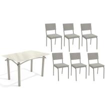 Conjunto: Mesa de Cozinha Elba Tampo Madeirado c/ Vidro 120cm e 6 Cadeiras Zaria Niquel/Off White - Boucle Cinza - Kappesberg Conjunto: Mesa de Cozinha Elba Tampo Madeirado c/ Vidro 120cm e 6 Cadeiras Zaria Niquel/Off White - Boucle Cinza - Kappesberg