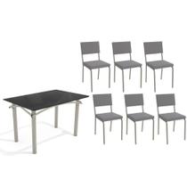 Conjunto: Mesa de Cozinha Elba Tampo Madeirado c/ Vidro 120cm e 6 Cadeiras Zaria Niquel/Preto - Suede Cinza - Kappesberg