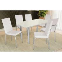 Conjunto: Mesa de Cozinha Elba Tampo Madeirado c/ Vidro 160cm e 6 Cadeiras Amsterdã Cromada/Off White - Courano Branco - Kappesberg Conjunto: Mesa de Cozinha Elba Tampo Madeirado c/ Vidro 160cm e 6 Cadeiras Amsterdã Cromada/Off White - Courano Branco - Kappesberg