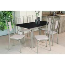Conjunto: Mesa de Cozinha Elba Tampo Madeirado c/ Vidro 160cm e 6 Cadeiras Florença Niquel/Preto - Courano Branco - Kappesberg Conjunto: Mesa de Cozinha Elba Tampo Madeirado c/ Vidro 160cm e 6 Cadeiras Florença Niquel/Preto - Courano Branco - Kappesberg