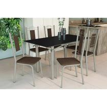 Conjunto: Mesa de Cozinha Elba Tampo Madeirado c/ Vidro 160cm e 6 Cadeiras Florença Niquel/Preto - Courano Marrom - Kappesberg