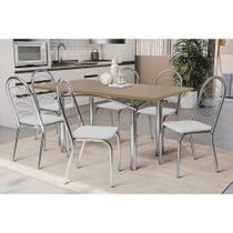 Conjunto: Mesa de Cozinha Elba Tampo Madeirado c/ Vidro 160cm e 6 Cadeiras Holanda Cromada/Freijo Bronze - Courano Branco - Kappesberg Conjunto: Mesa de Cozinha Elba Tampo Madeirado c/ Vidro 160cm e 6 Cadeiras Holanda Cromada/Freijo Bronze - Courano Branco - Kappesberg