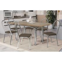 Conjunto: Mesa de Cozinha Elba Tampo Madeirado c/ Vidro 160cm e 6 Cadeiras Holanda Cromada/Freijo Bronze - Courano Marrom - Kappesberg