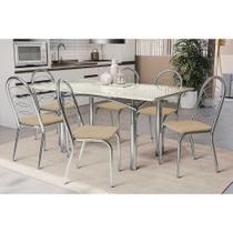 Conjunto: Mesa de Cozinha Elba Tampo Madeirado c/ Vidro 160cm e 6 Cadeiras Holanda Cromada/Off White - Courano Bege - Kappesberg