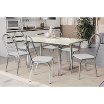 Conjunto: Mesa de Cozinha Elba Tampo Madeirado c/ Vidro 160cm e 6 Cadeiras Holanda Cromada/Off White - Courano Branco - Kappesberg