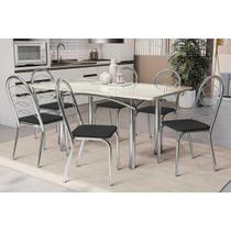 Conjunto: Mesa de Cozinha Elba Tampo Madeirado c/ Vidro 160cm e 6 Cadeiras Holanda Cromada/Off White - Courano Preto - Kappesberg