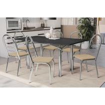 Conjunto: Mesa de Cozinha Elba Tampo Madeirado c/ Vidro 160cm e 6 Cadeiras Holanda Cromada/Preto - Courano Bege - Kappesberg