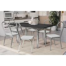 Conjunto: Mesa de Cozinha Elba Tampo Madeirado c/ Vidro 160cm e 6 Cadeiras Holanda Cromada/Preto - Courano Branco - Kappesberg