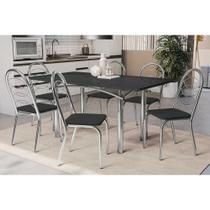 Conjunto: Mesa de Cozinha Elba Tampo Madeirado c/ Vidro 160cm e 6 Cadeiras Holanda Cromada/Preto - Courano Preto - Kappesberg