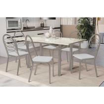 Conjunto: Mesa de Cozinha Elba Tampo Madeirado c/ Vidro 160cm e 6 Cadeiras Holanda Niquel/Off White - Courano Branco - Kappesberg