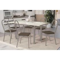 Conjunto: Mesa de Cozinha Elba Tampo Madeirado c/ Vidro 160cm e 6 Cadeiras Holanda Niquel/Off White - Courano Marrom - Kappesberg Conjunto: Mesa de Cozinha Elba Tampo Madeirado c/ Vidro 160cm e 6 Cadeiras Holanda Niquel/Off White - Courano Marrom - Kappesberg