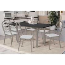 Conjunto: Mesa de Cozinha Elba Tampo Madeirado c/ Vidro 160cm e 6 Cadeiras Holanda Niquel/Preto - Courano Branco - Kappesberg