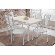 Conjunto: Mesa de Cozinha Elba Tampo Madeirado c/ Vidro 160cm e 6 Cadeiras Lisboa Cromada/Off White - Courano Branco - Kappesberg Conjunto: Mesa de Cozinha Elba Tampo Madeirado c/ Vidro 160cm e 6 Cadeiras Lisboa Cromada/Off White - Courano Branco - Kappesberg