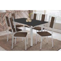 Conjunto: Mesa de Cozinha Elba Tampo Madeirado c/ Vidro 160cm e 6 Cadeiras Lisboa Cromada/Preto - Courano Marrom - Kappesberg Conjunto: Mesa de Cozinha Elba Tampo Madeirado c/ Vidro 160cm e 6 Cadeiras Lisboa Cromada/Preto - Courano Marrom - Kappesberg