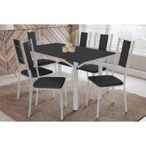 Conjunto: Mesa de Cozinha Elba Tampo Madeirado c/ Vidro 160cm e 6 Cadeiras Lisboa Cromada/Preto - Courano Preto - Kappesberg