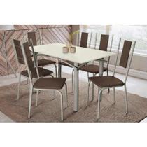 Conjunto: Mesa de Cozinha Elba Tampo Madeirado c/ Vidro 160cm e 6 Cadeiras Lisboa Niquel/Off White - Courano Marrom - Kappesberg