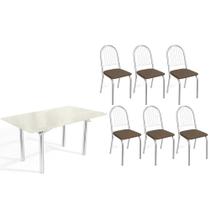 Conjunto: Mesa de Cozinha Elba Tampo Madeirado c/ Vidro 160cm e 6 Cadeiras Noruega Cromada/Off White - Courano Marrom - Kappesberg Conjunto: Mesa de Cozinha Elba Tampo Madeirado c/ Vidro 160cm e 6 Cadeiras Noruega Cromada/Off White - Courano Marrom - Kappesberg