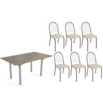 Conjunto: Mesa de Cozinha Elba Tampo Madeirado c/ Vidro 160cm e 6 Cadeiras Noruega Niquel/Freijo Bronze - Courano Bege - Kappesberg Conjunto: Mesa de Cozinha Elba Tampo Madeirado c/ Vidro 160cm e 6 Cadeiras Noruega Niquel/Freijo Bronze - Courano Bege - Kappesberg
