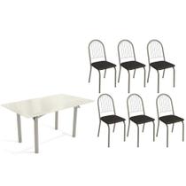 Conjunto: Mesa de Cozinha Elba Tampo Madeirado c/ Vidro 160cm e 6 Cadeiras Noruega Niquel/Off White - Courano Preto - Kappesberg