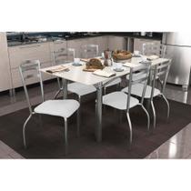 Conjunto: Mesa de Cozinha Elba Tampo Madeirado c/ Vidro 160cm e 6 Cadeiras Portugal Cromada/Off White - Courano Branco - Kappesberg Conjunto: Mesa de Cozinha Elba Tampo Madeirado c/ Vidro 160cm e 6 Cadeiras Portugal Cromada/Off White - Courano Branco - Kappesberg