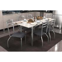 Conjunto: Mesa de Cozinha Elba Tampo Madeirado c/ Vidro 160cm e 6 Cadeiras Portugal Cromada/Off White - Courano Preto - Kappesberg Conjunto: Mesa de Cozinha Elba Tampo Madeirado c/ Vidro 160cm e 6 Cadeiras Portugal Cromada/Off White - Courano Preto - Kappesberg