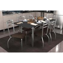 Conjunto: Mesa de Cozinha Elba Tampo Madeirado c/ Vidro 160cm e 6 Cadeiras Portugal Cromada/Preto - Courano Marrom - Kappesberg Conjunto: Mesa de Cozinha Elba Tampo Madeirado c/ Vidro 160cm e 6 Cadeiras Portugal Cromada/Preto - Courano Marrom - Kappesberg