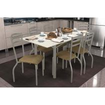 Conjunto: Mesa de Cozinha Elba Tampo Madeirado c/ Vidro 160cm e 6 Cadeiras Portugal Niquel/Off White - Courano Capuccino - Kappesberg