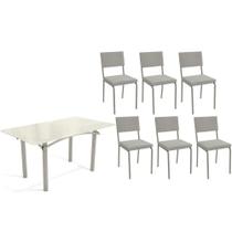 Conjunto: Mesa de Cozinha Elba Tampo Madeirado c/ Vidro 160cm e 6 Cadeiras Zaria Niquel/Off White - Boucle Cinza - Kappesberg Conjunto: Mesa de Cozinha Elba Tampo Madeirado c/ Vidro 160cm e 6 Cadeiras Zaria Niquel/Off White - Boucle Cinza - Kappesberg