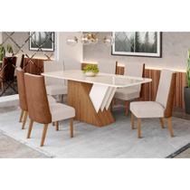 Conjunto: Mesa de Cozinha Épic SC24 Tampo Madeirado c/ Vidro Canto Curvo 160x90cm e 6 Cadeiras Anne Nature/Courano/Linho - Henn