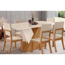 Conjunto: Mesa de Cozinha Épic SC24 Tampo Madeirado c/ Vidro Canto Curvo 160x90cm e 6 Cadeiras Milla Nature/Suede Light Linho - Henn