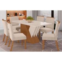 Conjunto: Mesa de Cozinha Épic SC24 Tampo Madeirado c/ Vidro Canto Curvo 160x90cm e 6 Cadeiras Tauá Nature/Linho - Henn Conjunto: Mesa de Cozinha Épic SC24 Tampo Madeirado c/ Vidro Canto Curvo 160x90cm e 6 Cadeiras Tauá Nature/Linho - Henn